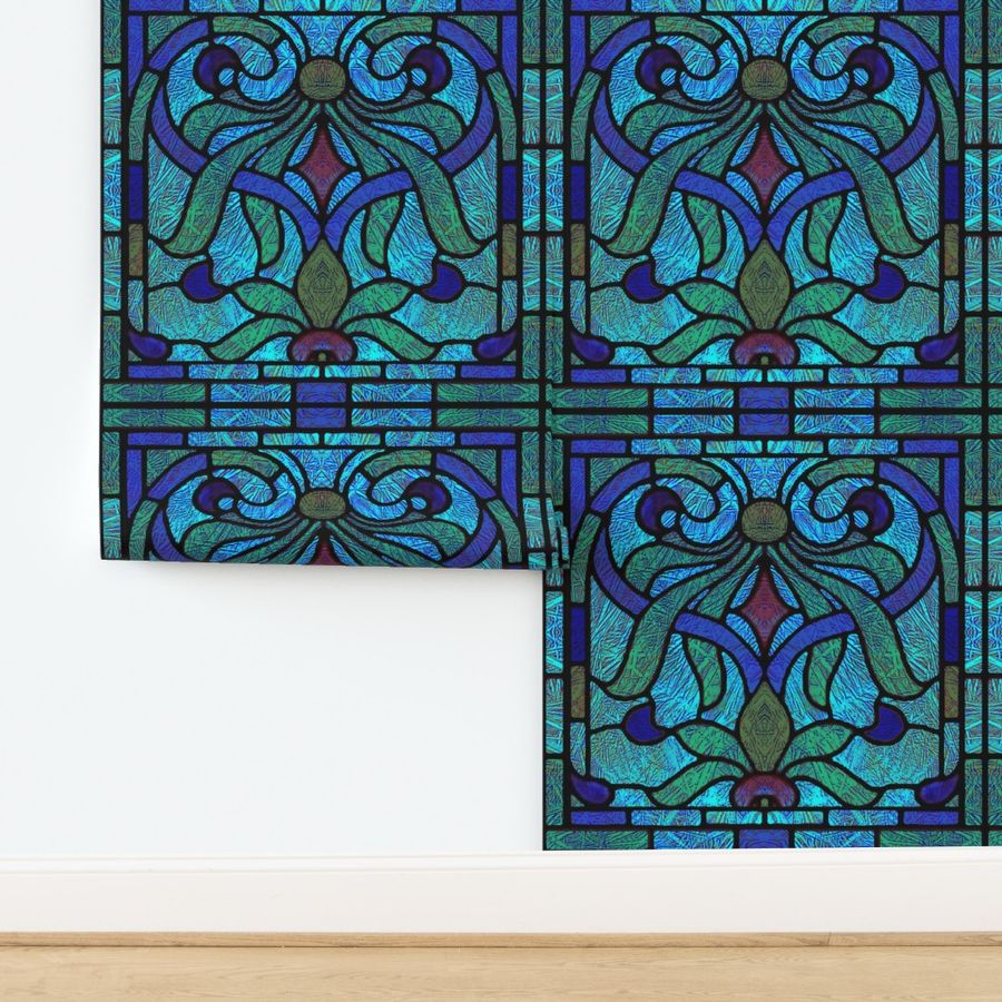 Victorian Stained Glass in Navy and Green  