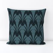 ART DECO FLOWERS CRISP LINES, SUPER DARK TEAL ON DUSTY VINTAGE BLUE