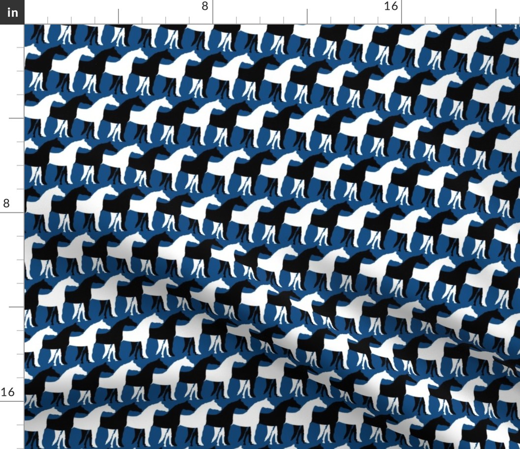 Two Inch Black and White Overlapping Horses on Classic Blue