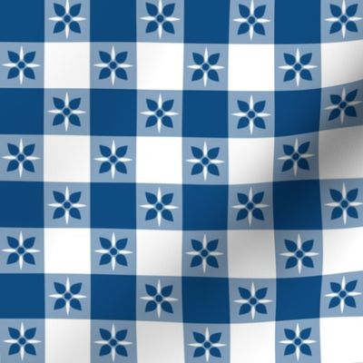 One Inch Classic Blue and White Checkered Italian Bistro Cloth with Flowers