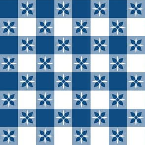One Inch Classic Blue and White Checkered Italian Bistro Cloth with Flowers