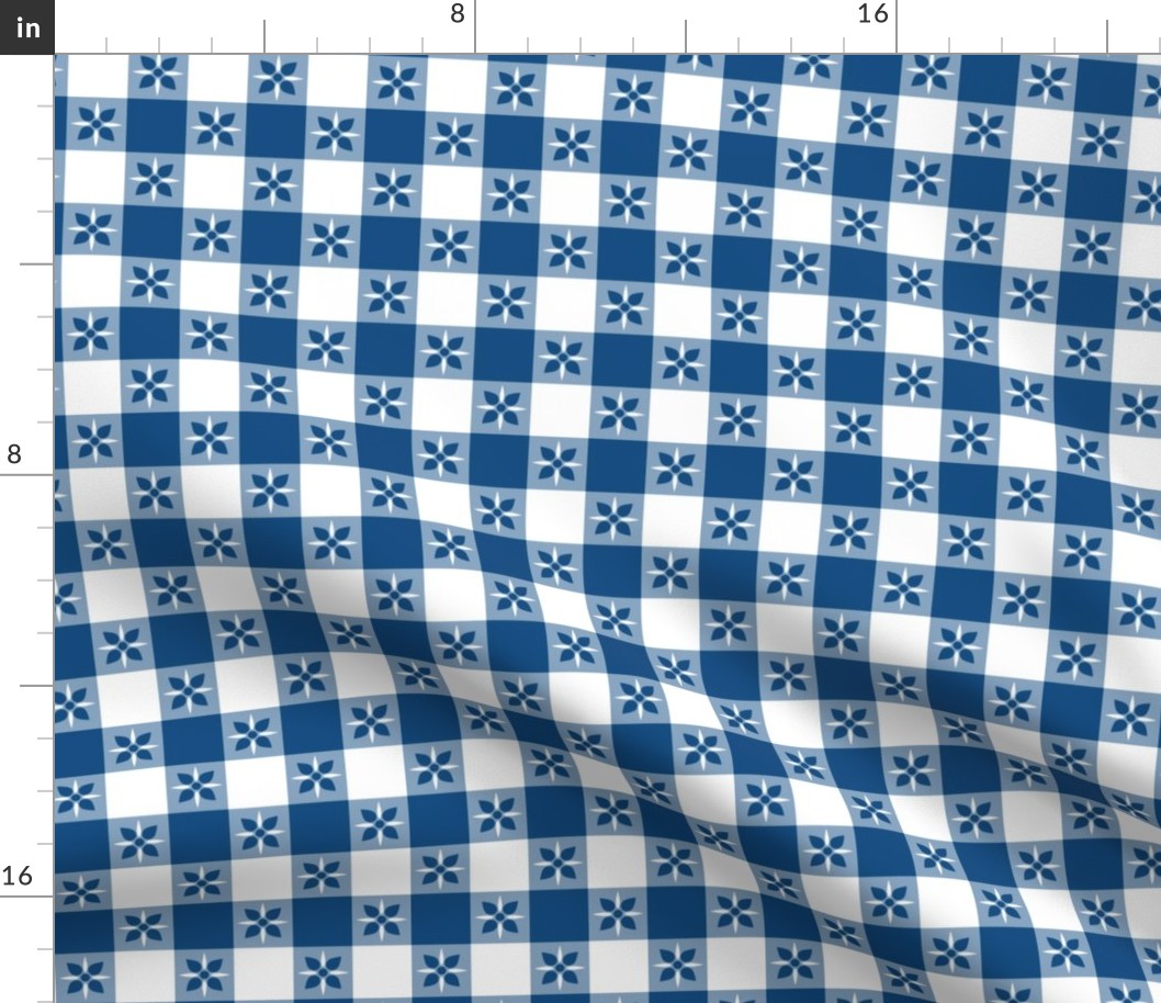 One Inch Classic Blue and White Checkered Italian Bistro Cloth with Flowers