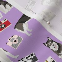 malamute camera fabrics - vintage camera dog design, alaskan malamute fabric  - lavender