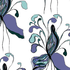 Abstract purple flowers with large petals. Bright, airy, light floral pattern