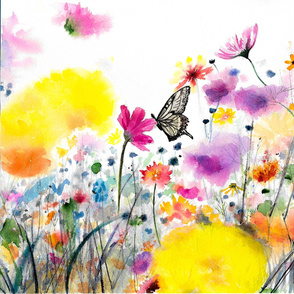 Watercolor painted Butterfly in wildflowers