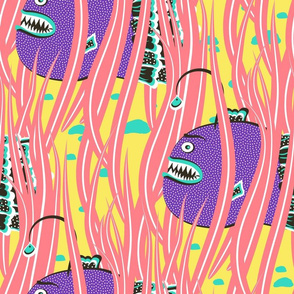 Purple angler fish in pink seaweed on yellow background