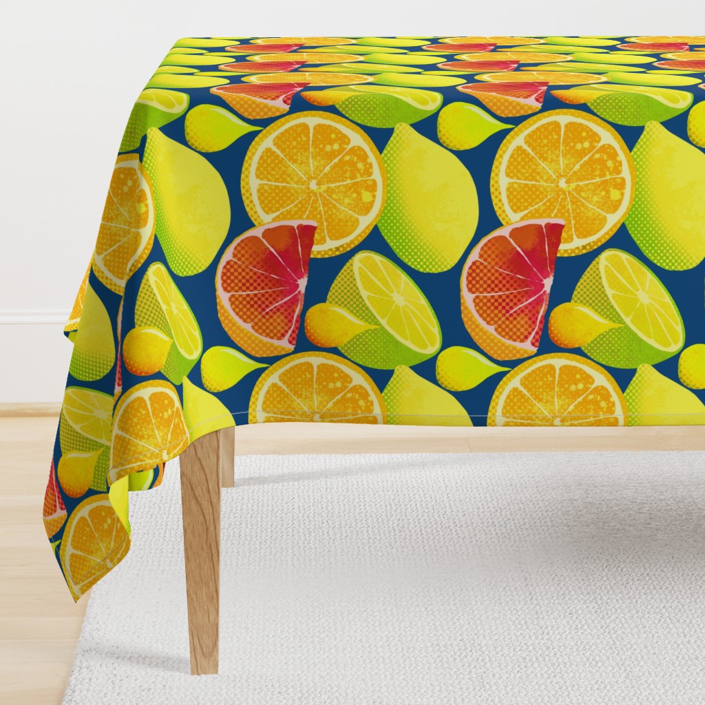 Pop art citrus on classic blue background