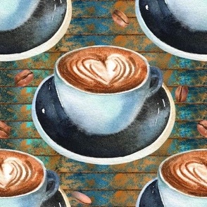 coffee time black white heart cup blue brown background FLWRHT