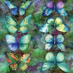 WATERCOLOR BUTTERFLIES OPPOSITE STRIPES MULTI GREEN FLWRHT