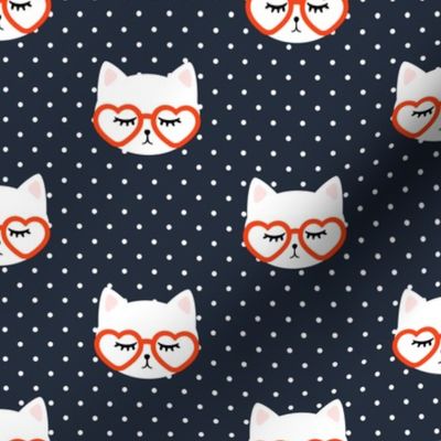 cats with heart shaped glasses - cute valentines day kitty - red on dark blue - LAD19