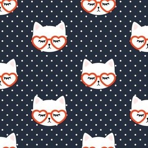 cats with heart shaped glasses - cute valentines day kitty - red on dark blue - LAD19
