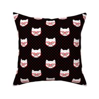 cats with heart shaped glasses - cute valentines day kitty - red on black - LAD19