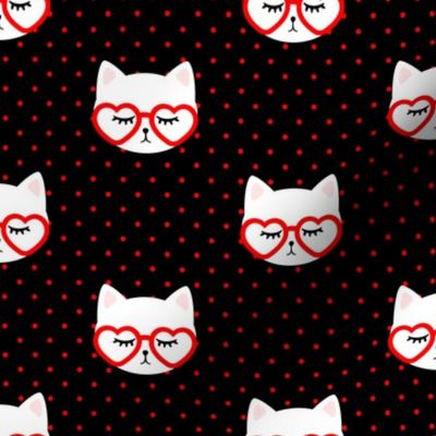 cats with heart shaped glasses - cute valentines day kitty - red on black - LAD19