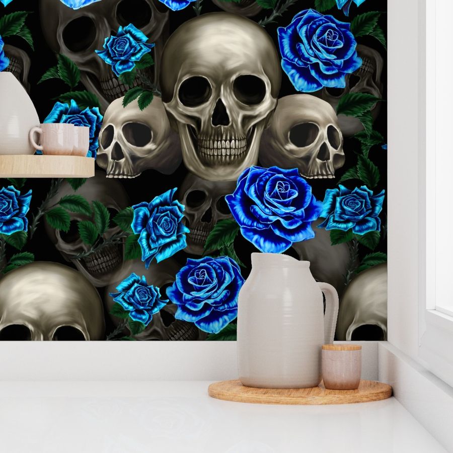 Skulls and blue roses