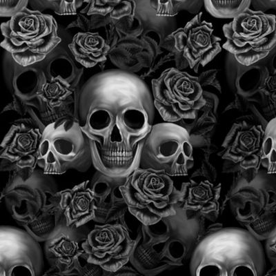 Skulls and roses black and white