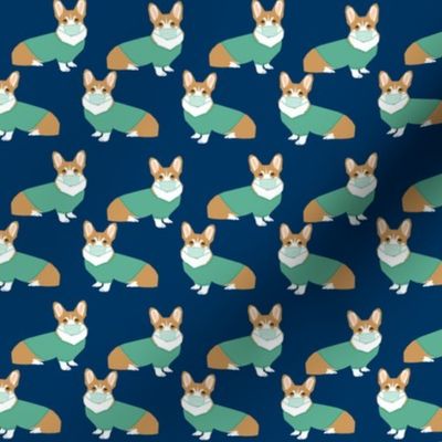 SMALL - corgi in scrubs fabric operating room dog fabric dog fabric - navy