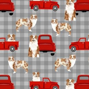 australian shepherd dog truck fabric - red vintage truck fabric, dogs and trucks fabric, dog fabric - grey plaid