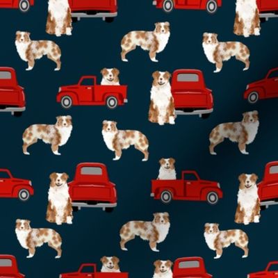australian shepherd dog truck fabric - red vintage truck fabric, dogs and trucks fabric, dog fabric - navy
