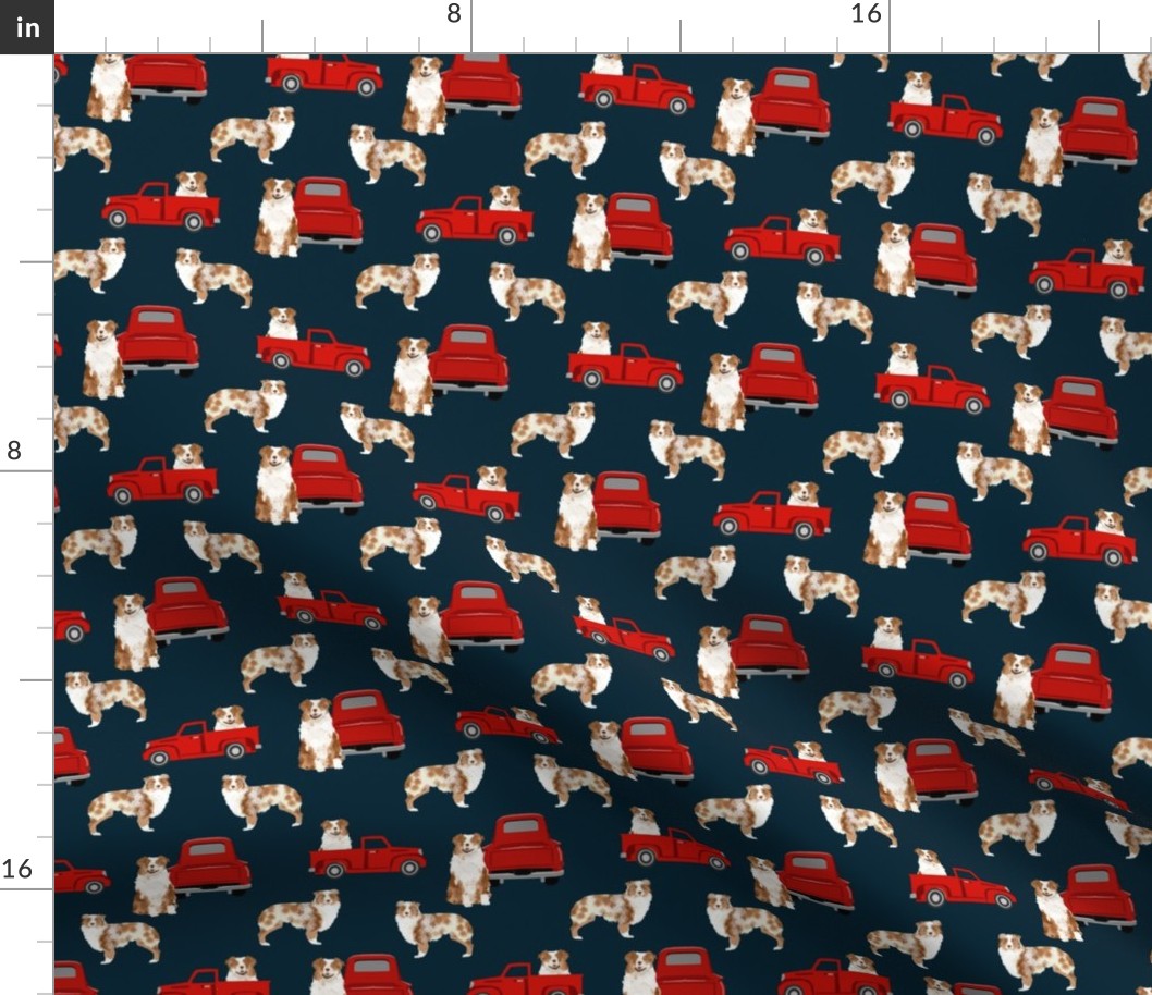 australian shepherd dog truck fabric - red vintage truck fabric, dogs and trucks fabric, dog fabric - navy