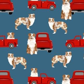 australian shepherd dog truck fabric - red vintage truck fabric, dogs and trucks fabric, dog fabric -  blue
