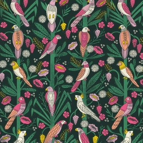 tropical birds linocut - tropical wallpaper, tropical birds, parrots, linocut wallpaper, woodcut wallpaper, tropical interior design - brights