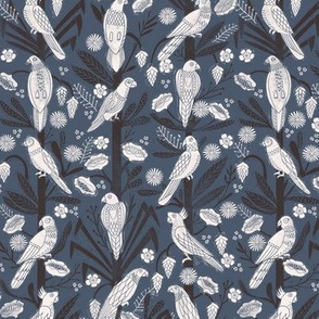 tropical birds linocut - tropical wallpaper, tropical birds, parrots, linocut wallpaper, woodcut wallpaper, tropical interior design - dark navy