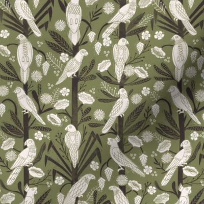 tropical birds linocut - tropical wallpaper, tropical birds, parrots, linocut wallpaper, woodcut wallpaper, tropical interior design - green