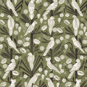 tropical birds linocut - tropical wallpaper, tropical birds, parrots, linocut wallpaper, woodcut wallpaper, tropical interior design - green