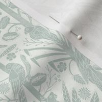 tropical birds linocut - tropical wallpaper, tropical birds, parrots, linocut wallpaper, woodcut wallpaper, tropical interior design - mint