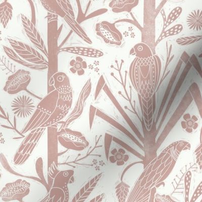 tropical birds linocut - tropical wallpaper, tropical birds, parrots, linocut wallpaper, woodcut wallpaper, tropical interior design - mauve