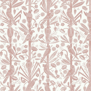 tropical birds linocut - tropical wallpaper, tropical birds, parrots, linocut wallpaper, woodcut wallpaper, tropical interior design - mauve