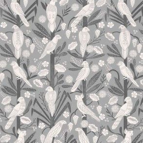 tropical birds linocut - tropical wallpaper, tropical birds, parrots, linocut wallpaper, woodcut wallpaper, tropical interior design - grey