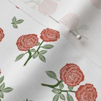 scattered roses fabric - baby girl linocut rose fabric, rose stamp, woodcut - red