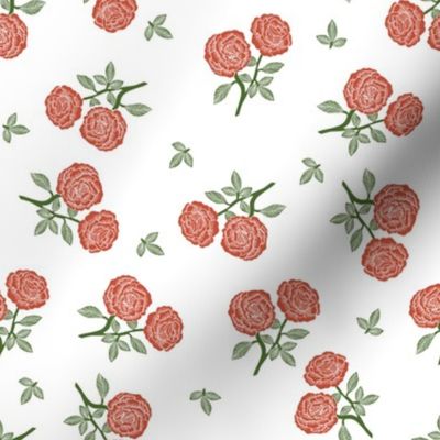 scattered roses fabric - baby girl linocut rose fabric, rose stamp, woodcut - red