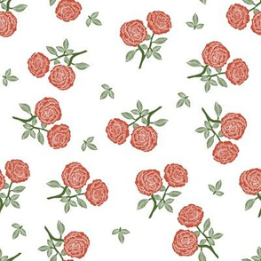 scattered roses fabric - baby girl linocut rose fabric, rose stamp, woodcut - red
