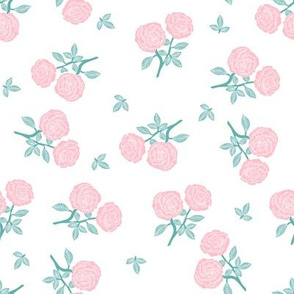 scattered roses fabric - baby girl linocut rose fabric, rose stamp, woodcut - pink