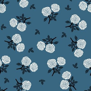 scattered roses fabric - baby girl linocut rose fabric, rose stamp, woodcut - blue