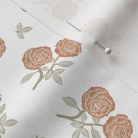 scattered roses fabric - baby girl linocut rose fabric, rose stamp, woodcut - caramel