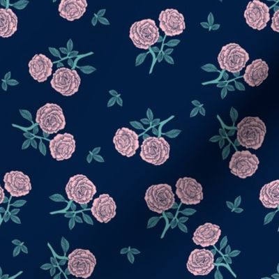 scattered roses fabric - baby girl linocut rose fabric, rose stamp, woodcut - dark blue