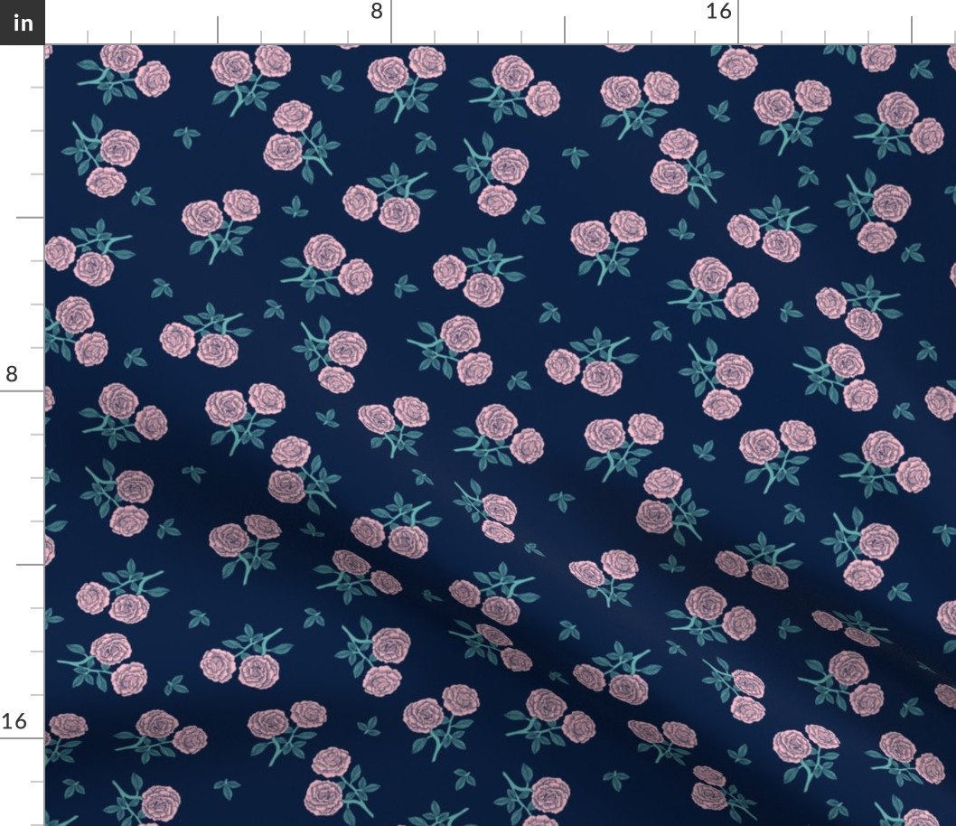 scattered roses fabric - baby girl linocut rose fabric, rose stamp, woodcut - dark blue