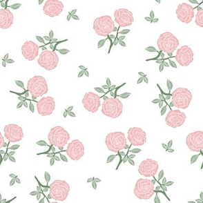 scattered roses fabric - baby girl linocut rose fabric, rose stamp, woodcut - pastel pink