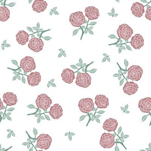 scattered roses fabric - baby girl linocut rose fabric, rose stamp, woodcut -mauve