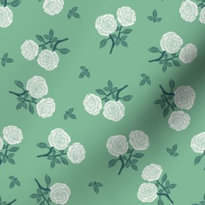 scattered roses fabric - baby girl linocut rose fabric, rose stamp, woodcut - green