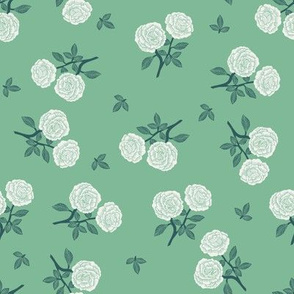 scattered roses fabric - baby girl linocut rose fabric, rose stamp, woodcut - green