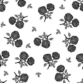 scattered roses fabric - baby girl linocut rose fabric, rose stamp, woodcut - black