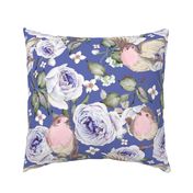 LARGE UPHOLSTERY SPARROWS BIRDS AND ROSES FLOWERS SPRING ON PERIWINKLE BLUE PURPLE FLWRHT