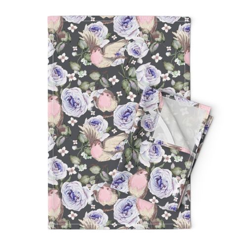 SPARROWS BIRDS AND ROSES FLOWERS SPRING ON GRAY GREY FLWRHT