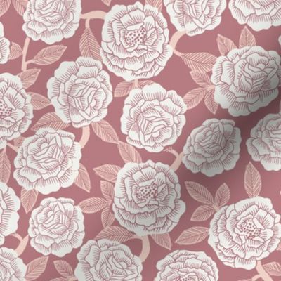 roses fabric - woodcut rose fabric, linocut roses fabric, baby girl nursery, valentines day - rose