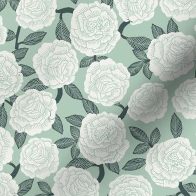 roses fabric - woodcut rose fabric, linocut roses fabric, baby girl nursery, valentines day - mint