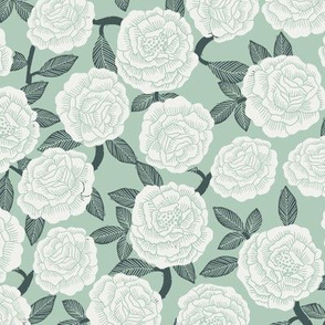 roses fabric - woodcut rose fabric, linocut roses fabric, baby girl nursery, valentines day - mint